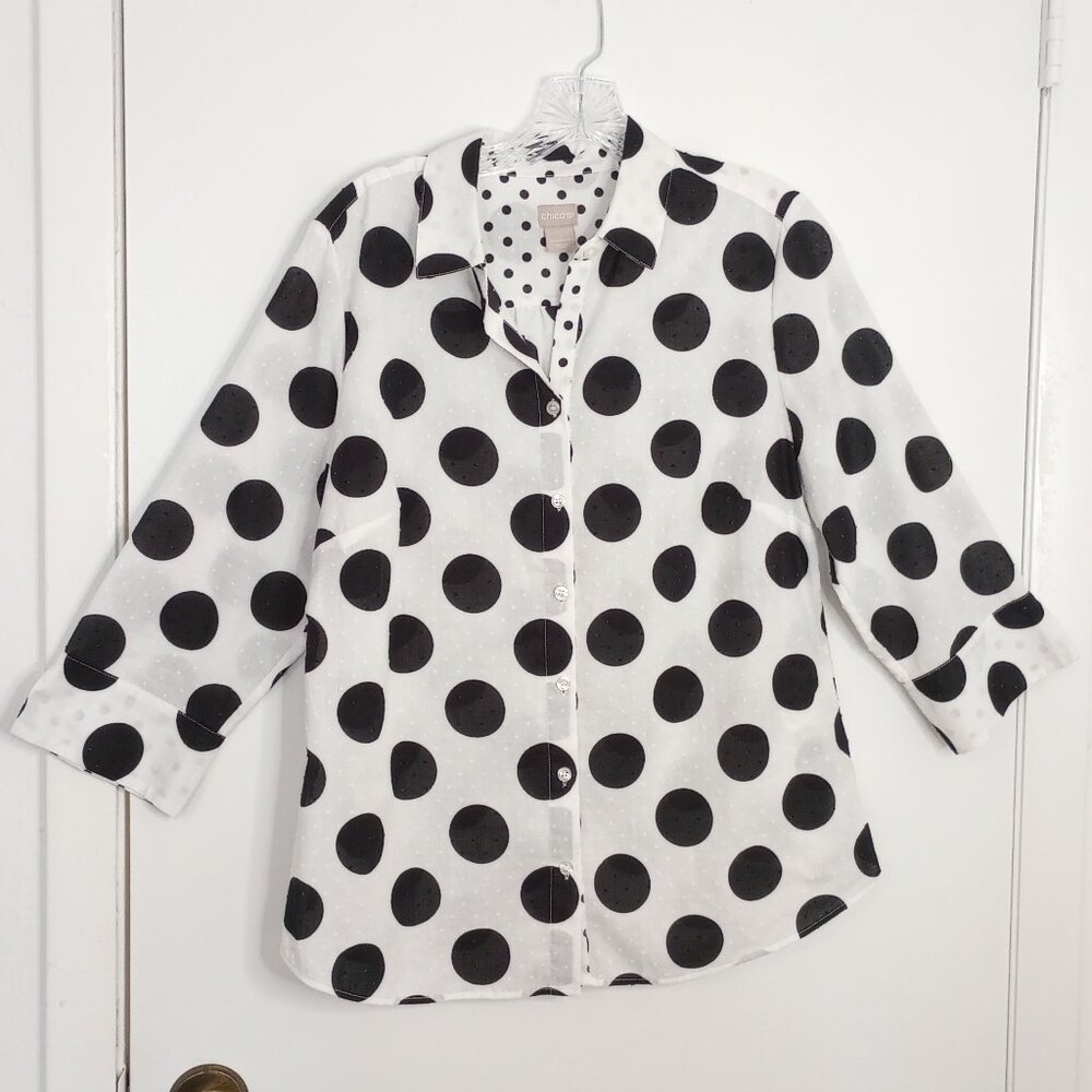 Chico's Black & White Polka Dot Cotton Swiss Dot Button Front Blouse Sz 1 - Picture 2 of 11